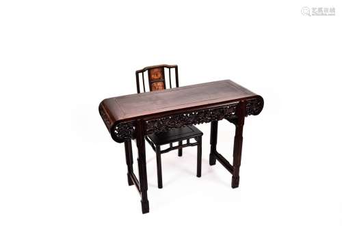 A CHINESE HARDWOOD ALTAR TABLE & SIDE CHAIR