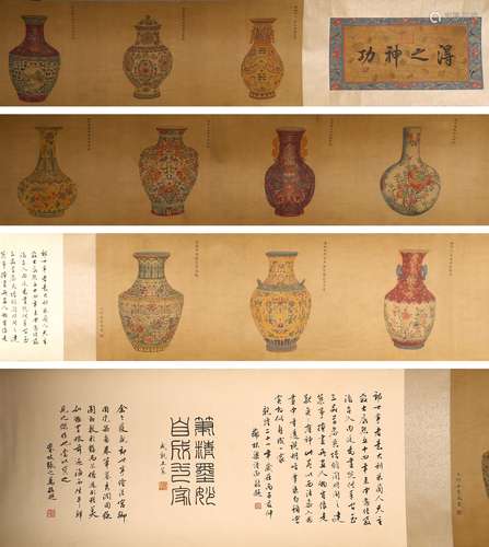 COLOR AND INK ON SILK HANDSCROLL IN MANNER OF LANG SHINING