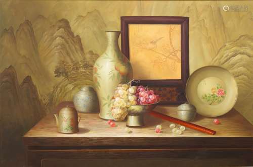 A FRAMED OIL ON CANVAS ‘STILL LIFE’ PAINTING