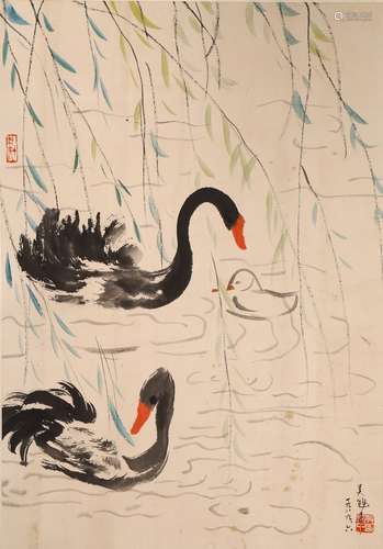 COLOR AND INK 'GEESE' PAINTING, WU GUANZHONG(1910-2010)