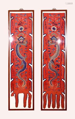 PAIR OF CHINESE RED GROUND 'DRAGON' EMBROIDERED PANELS