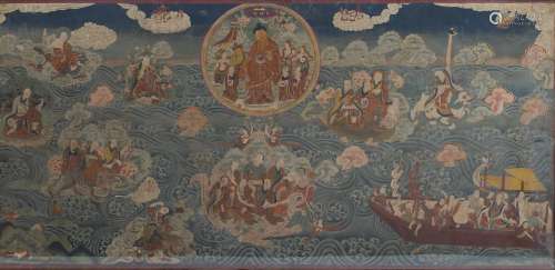 A THANGKA DEPICTING LUOHANS CROSSING THE SEA