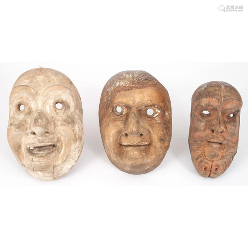 Three Carved Wooden Tragedy Masks