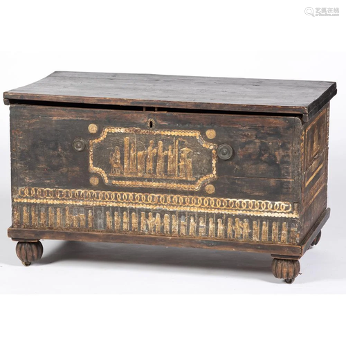 A Continental Inlaid Blanket Chest in Black Paint