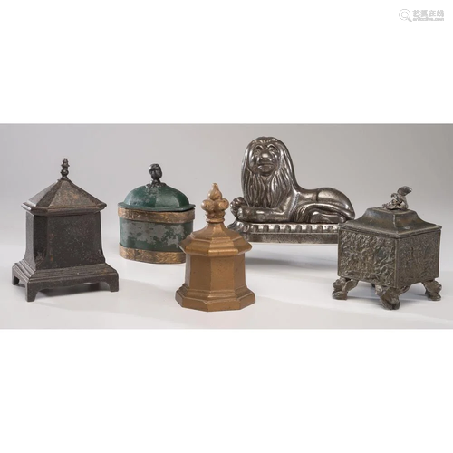 Four Painted Cast Iron Jars and a Lion Figurine