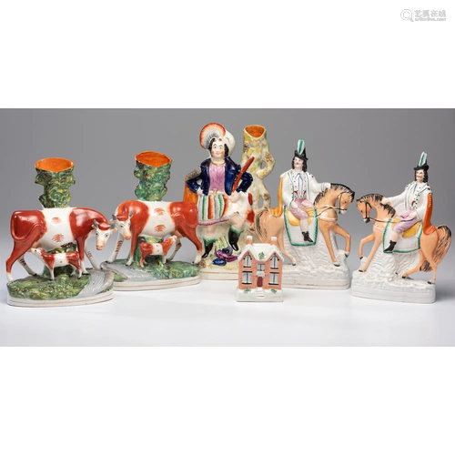 Six Staffordshire Porcelain Figures and Spill…