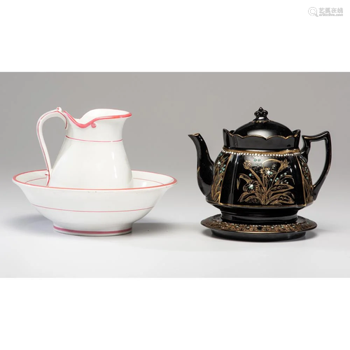 An English Ironstone Pitcher & Bowl, and A Red…