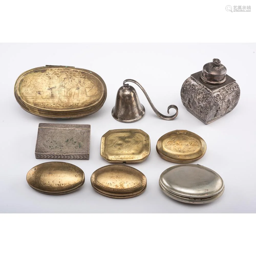 Nine Brass and Silverplated Snuff and Pill …