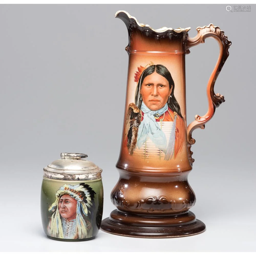 An American Indian Themed Pitcher, Humidor a…