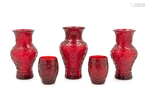 Five Chinese Ruby Red Peking Glass Articles …