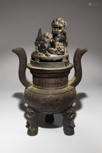 A Bronze Tripod Incense Burner and Cover …