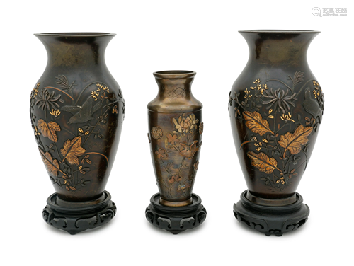 Three Japanese Mixed Metal Vases Height …