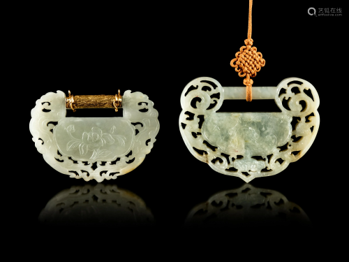 Two Carved Jade Ruyi Lock-Form Pendants Le…