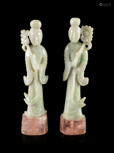 A Pair of Pale Celadon Jadeite Figures o…