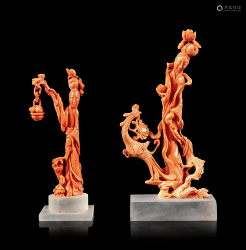 Two Carved Coral Lady's Figures Height of t…