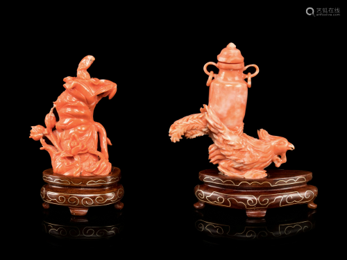 Two Carved Coral Snuff Bottles Height of tall…
