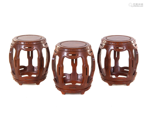 Four Hardwood Barrel-Form Stools Height …