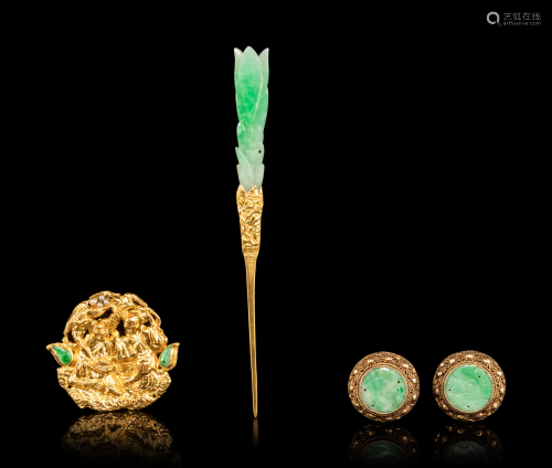 Four Jadeite Inset Gold Jewelry Length of la…