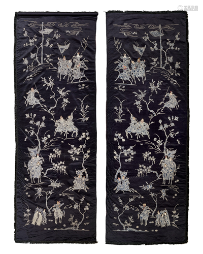 A Pair of Blue Ground Embroidered Silk '…