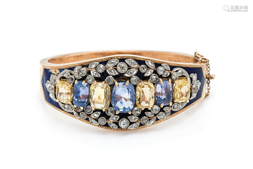 SAPPHIRE, DIAMOND AND ENAMEL …