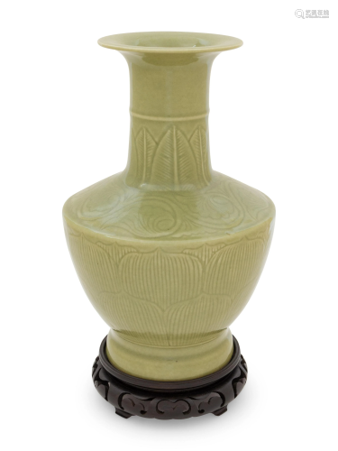 A Celadon Glazed Incised Vase Height 11 1/…