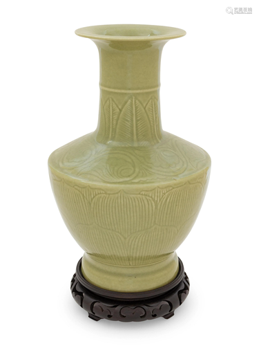 A Celadon Glazed Incised Vase Height 11 1/…