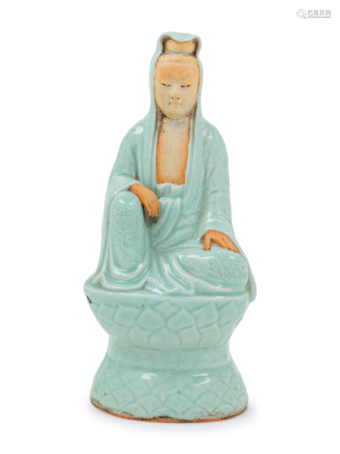 A Longquan Glazed Biscuit Figure of Guanyin …