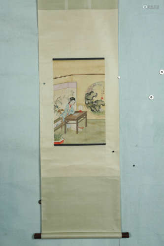A Chinese Figure Painting Silk Scroll, Lu Xiaoman Mark