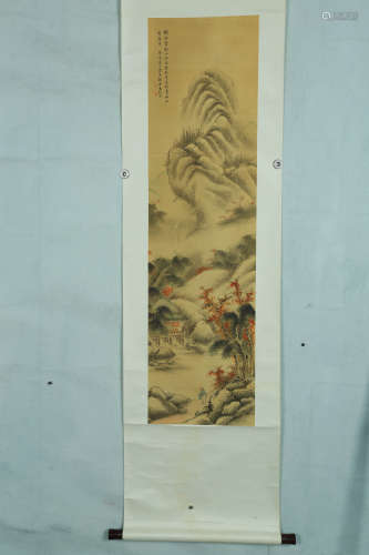 A Chinese Landscape Painting Silk Scroll , Feng Chaoran Mark