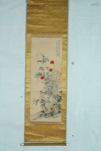 A Chinese Flowers and Plants Painting Silk Scroll, Mei Lanfang Mark