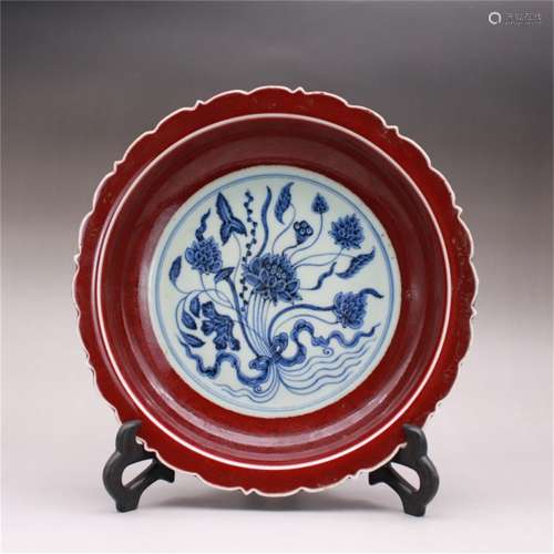 A Chinese Red Glazed Blue and White Porcelain Plate