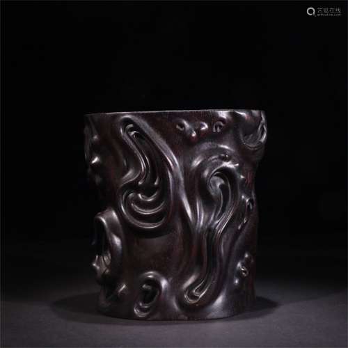 A Chinese Carved Hardwood Brush Pot