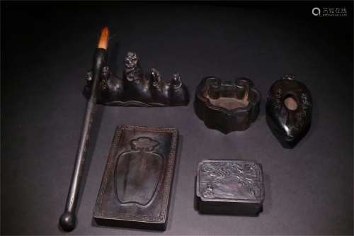 A Set of Chinese Carved Agar-Wood Six Treasures of Study