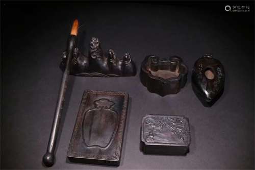 A Set of Chinese Carved Agar-Wood Six Treasures of Study