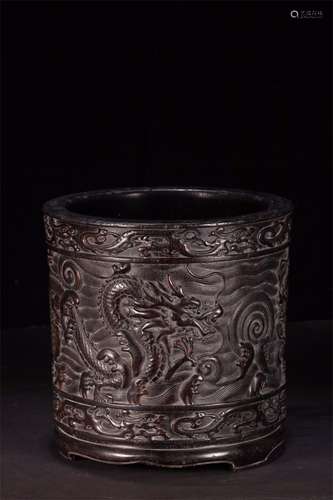 A Chinese Carved Hardwood Brush Pot