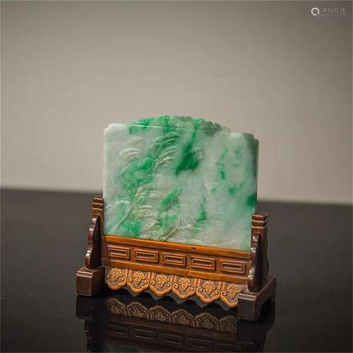 A Chinese Carved Jade Table Screen with Hardwood Stand