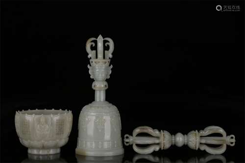 A Set of Three Chinese Carved Jade Instruments