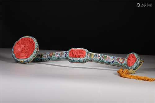 A Chinese Cloisonne Ruyi with Carved Tixi Lacquer Pendants Inlaided