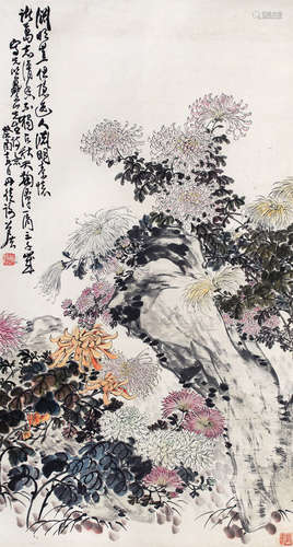 谢公展 菊花 立轴 设色纸本