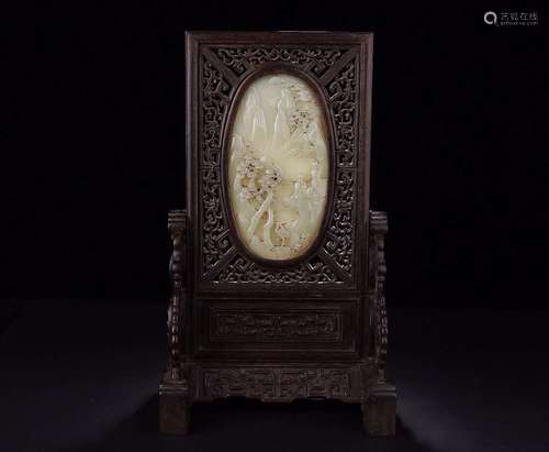 A ZITAN WOOD SCREEN EMBEDED HETIAN JADE