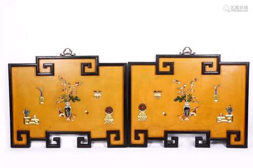 PAIR OF ZITAN WOOD SCREENS EMBEDED GEMS