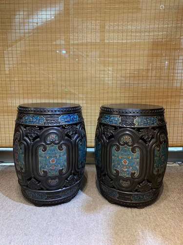 PAIR OF ZITAN WOOD CHAIRS EMBEDED CLOISONNE