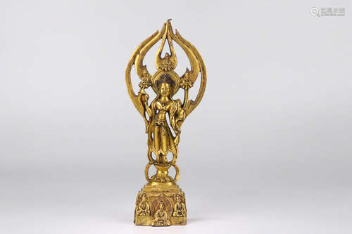 A GILT BRONZE GUANYIN ORNAMENT