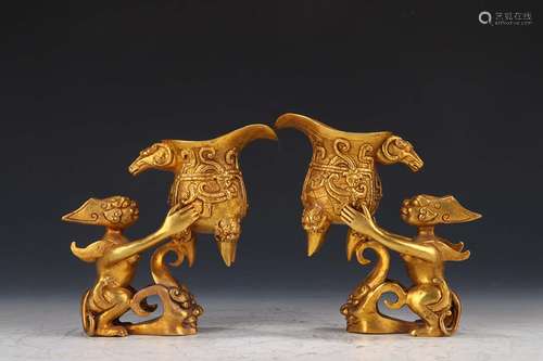 PAIR OF QING DYNASTY GILT BRONZE CUPS