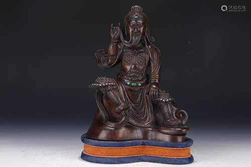 A CHENXIANG WOOD GUANYU FIGURE EMBEDED GEM