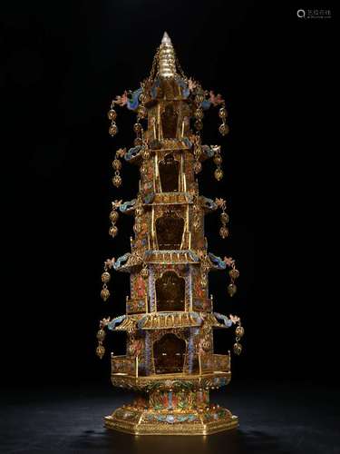 A GILT SILVER PAGODA EMBEDED GEMS