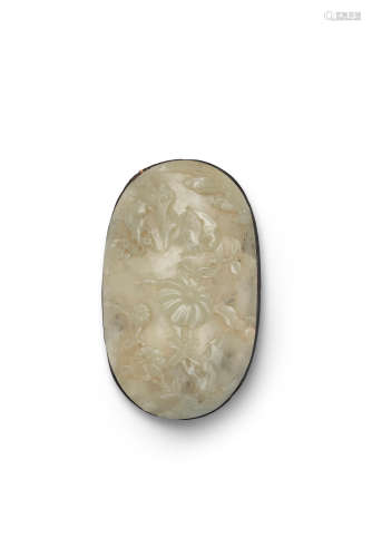 A celadon jade 'chrysanthemum and bat' plaque  Qing dynasty