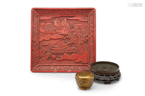 A bronze 'crane and turtle' mirror, a gilt 'dragon' covered pot, and a carved cinnabar lacquer plate  Japan, Edo Period (1615-1868)