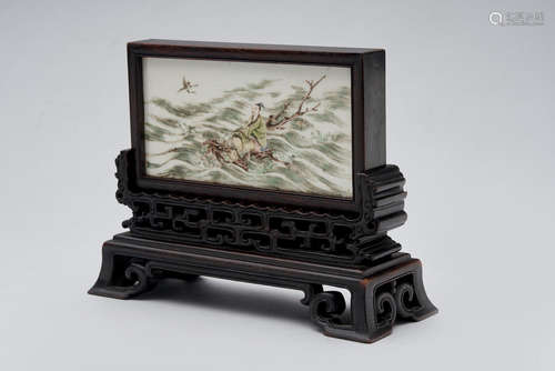 A table screen with famille-vert enamelled 'Zhang Qian' ceramic plaque