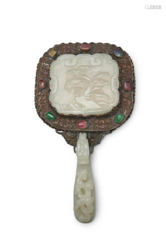A jade-mounted bronze hand mirror  Qing dynasty